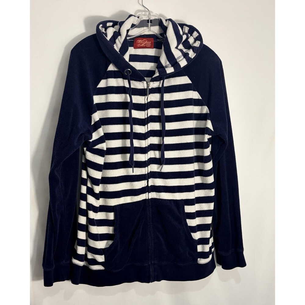 Vintage Y2K Whisper Me Striped Lightweight Velour Full Zip Hoodie XL Navy/White